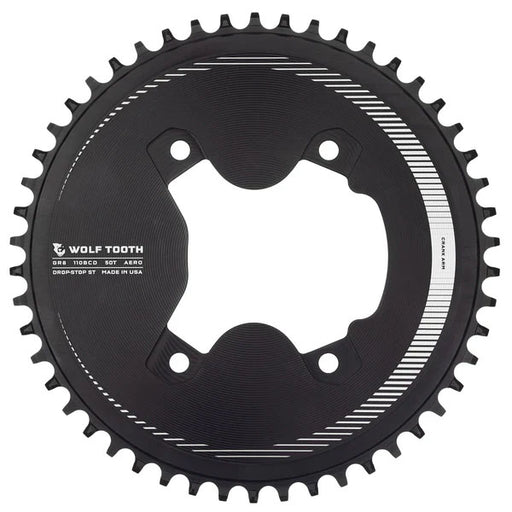 Wolf Tooth Aero 110 Asymmetric BCD Chainring - 50t, 110 Asymmetric BCD, 4-Bolt, Drop-Stop ST, For Shimano GRX 800 Series, Black