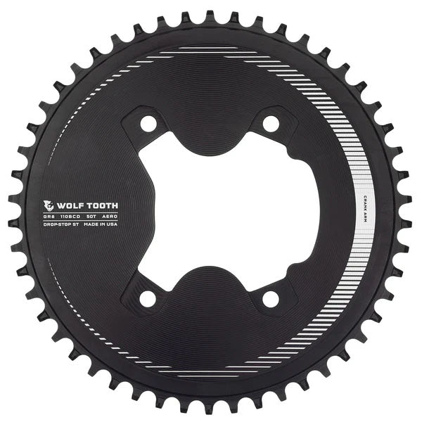 Wolf Tooth Aero 110 Asymmetric BCD Chainring - 50t, 110 Asymmetric BCD, 4-Bolt, Drop-Stop ST, For Shimano GRX 800 Series, Black