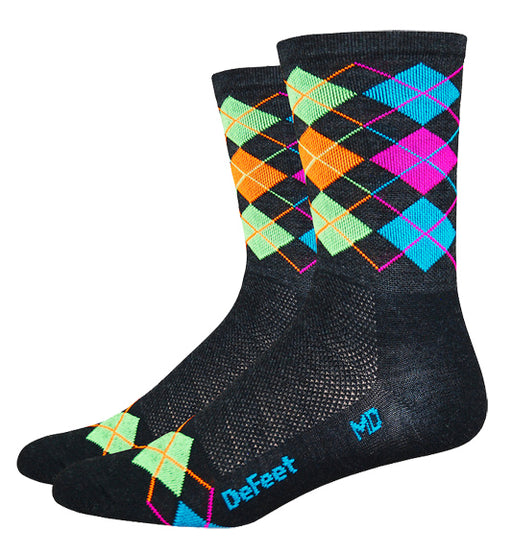 DeFeet Wooleator Hi Top Sock: Argyle Charcoal/Orange/Blue/Green/Pink XL