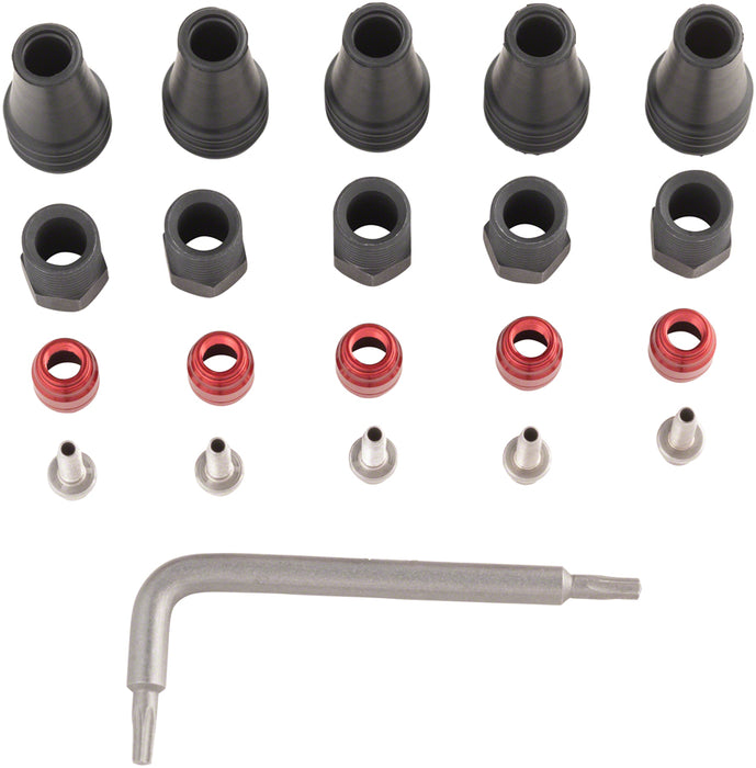 SRAM Red/Force AXS 2-Pc Disc Brake Hose Fitting Kit - 5 Threaded Hose Barbs, 5 Compression Nuts, 5 Boots, Red Comp Olives, 1 T8 Torx