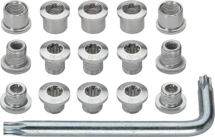 FSA Torx T-30 Alloy Mountain Chainring Nut/Bolt Set wiith tool: Silver