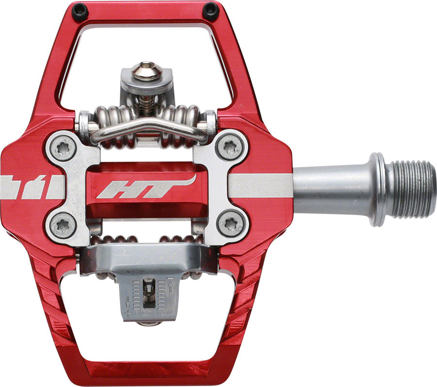 HT T1 Enduro Race Pedals - Dual Sided Clipless with Platform, Aluminum, 9/16", Red